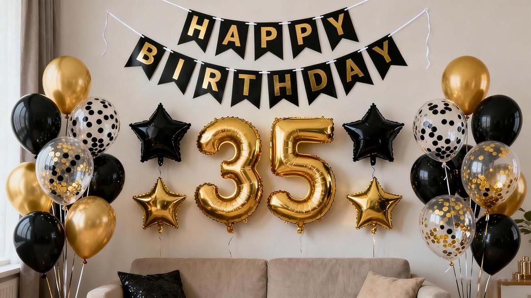35th Birthday Decorations Black Gold for Men Women, 35th Birthday Banners Number 35 Birthday Balloons Star Foil Confetti Balloons for Cheers to 35 Years Old Birthday Party Decorations (35th)