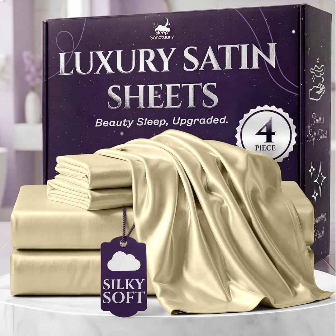 SLEEP SANCTUARY Satin Sheets King Size  4 Piece Luxury Silky Bed Set, Softer Than Silk, 15" Deep Pocket, Cooling & Wrinkle-Free, Moisture-Wicking & Breathable for Hair & Skin (Champagne)