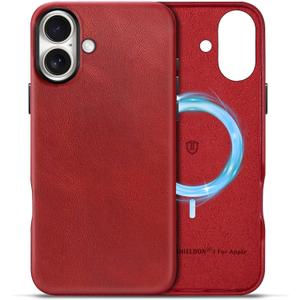 SHIELDON Case for iPhone 16 6.1", Genuine Leather Slim Wireless Charging Magnetic Non-Slip Anti-Scratch Shock-Absorbent Phone Cover with Metal Buttons Compatible with iPhone 16 2024 - Retro Red