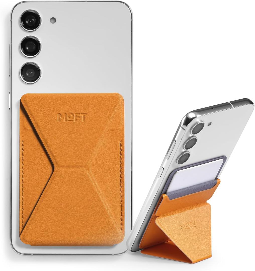 MOFT Phone Stand, Adhesive Card Holder Fits 2-3 Cards, Slim & Portable Leather Phone Wallet, 2 Viewing Angles, RFID Blocking, Compatible with iPhone, Galaxy and Most Smartphones - Orange