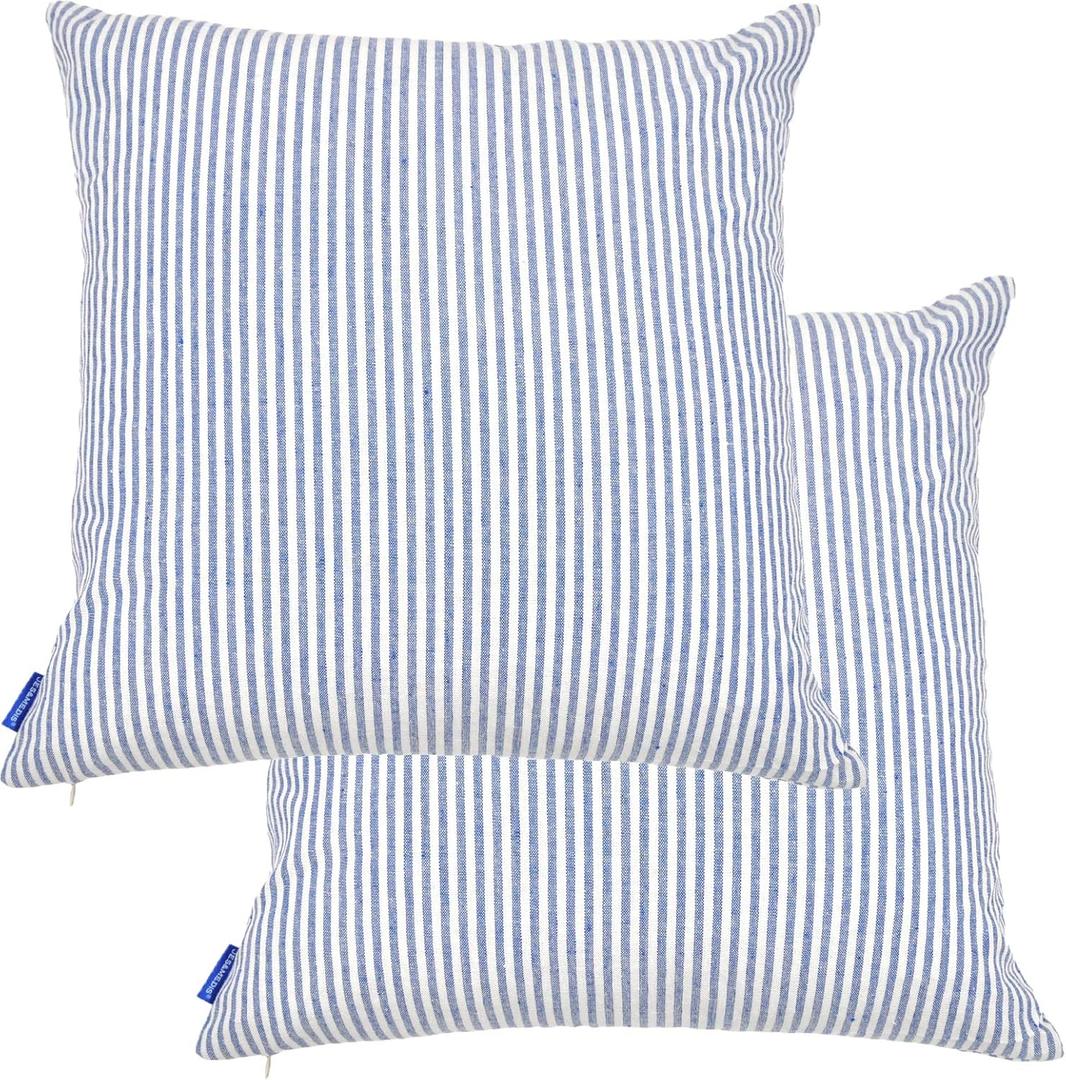 JES&MEDIS Pack of 2 Pillowcase Cotton Striped Home Decor Square Throw Pillow Covers Set for Office Bed Car Club 18 x 18 Inches 45 x 45 cm Blue and White