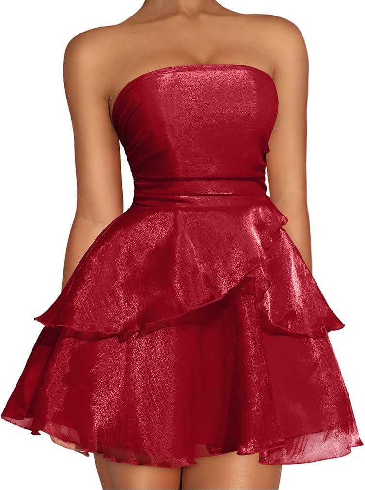 LAGSHIAN Women's Sexy Strapless Backless Mini Dress Tube Top Petal Ruffle Cocktail Party Dresses (Red)