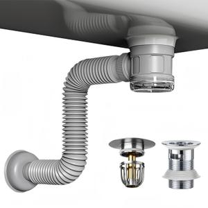 Bathroom Sink Drain Kit with Flexible Expandable Pipe: Odor-Free & Backflow-Preventing, Space-Saving Design without a P-trap, For 1-1/4'' & 1-1/2'' Drain Hole (Chrome, With Overflow)