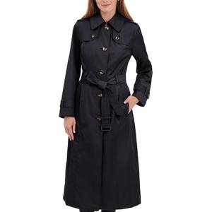 London Fog Women's Single Breasted Long Trench Coat with Epaulettes and Belt, Black, Large