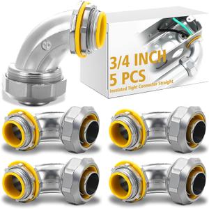 Gisafai Liquid Tight Connector 90 Degree Insulated Zinc Die Cast Metal Tight Electrical Conduit Connector for Flexible and Type B Flexible Waterproof Nonmetallic Conduit(5 Pcs,3/4 Inch)