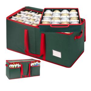 ININ Christmas Ornament Storage Box with Adjustable Dividers, Christmas Ornaments Organizer with Zippered Top, Storage Container Bin with Side Pockets for Holiday Decorations(128 Ball, Green, with Tray).