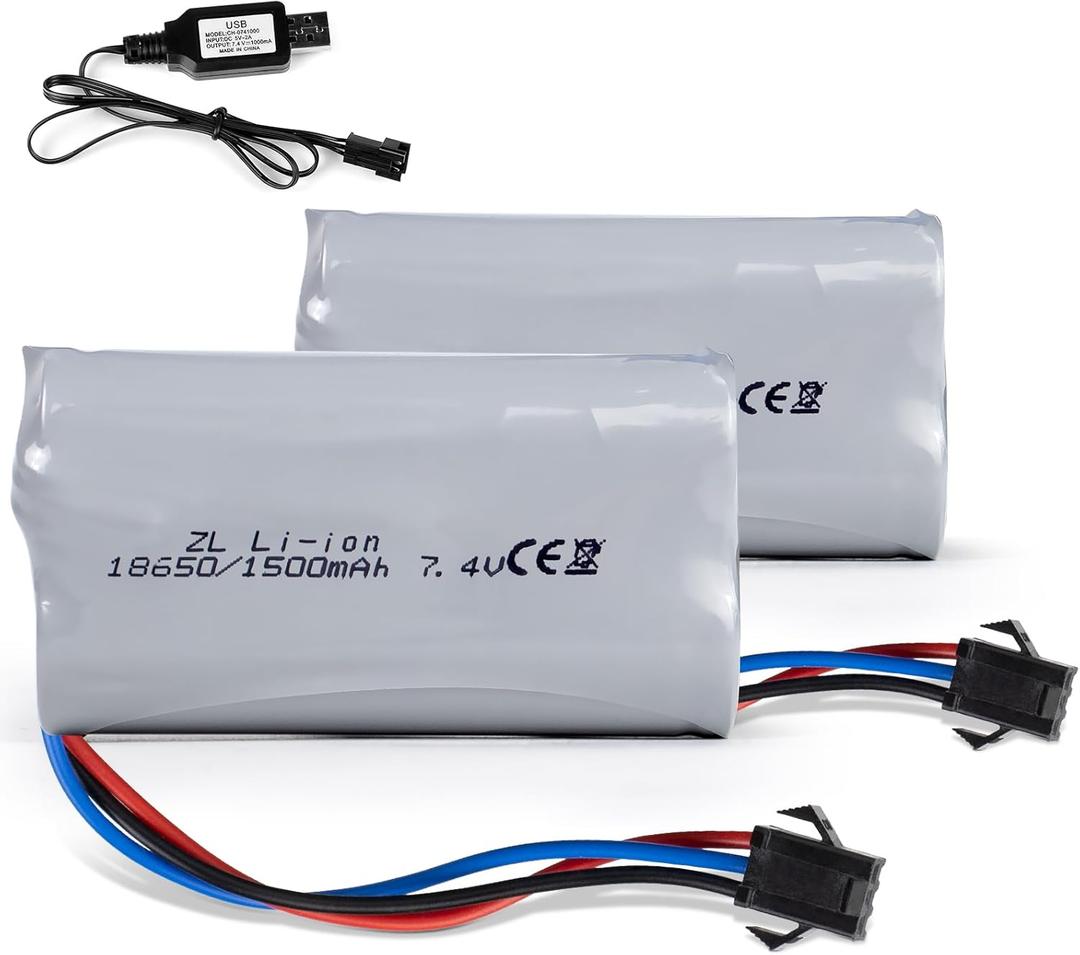 2- Pack 7.4V 1500mAh Rechargeable Li-ion Battery Spare with USB Charger for RC Tank (Comaptible with All 1/18 Tanks)