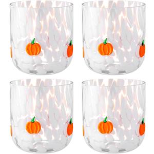 4 Pcs Thanksgiving Fall Icon Glass Cup 14 oz Icon Glass Cups Stemless Double Old Fashioned Blown Cocktail for Women Friends Lovely Halloween Gifts (Pumpkin)