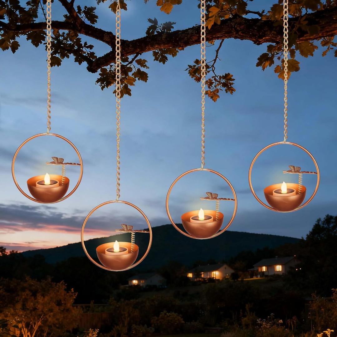 Solar Hanging Lanterns, Dragonfly Style Outdoor Chandelier, Waterproof Auto On/Off Solar Tea Lights for Garden, Patio, Porch, Balcony, Tree Decor (Flickering Flame, 4-Pack)