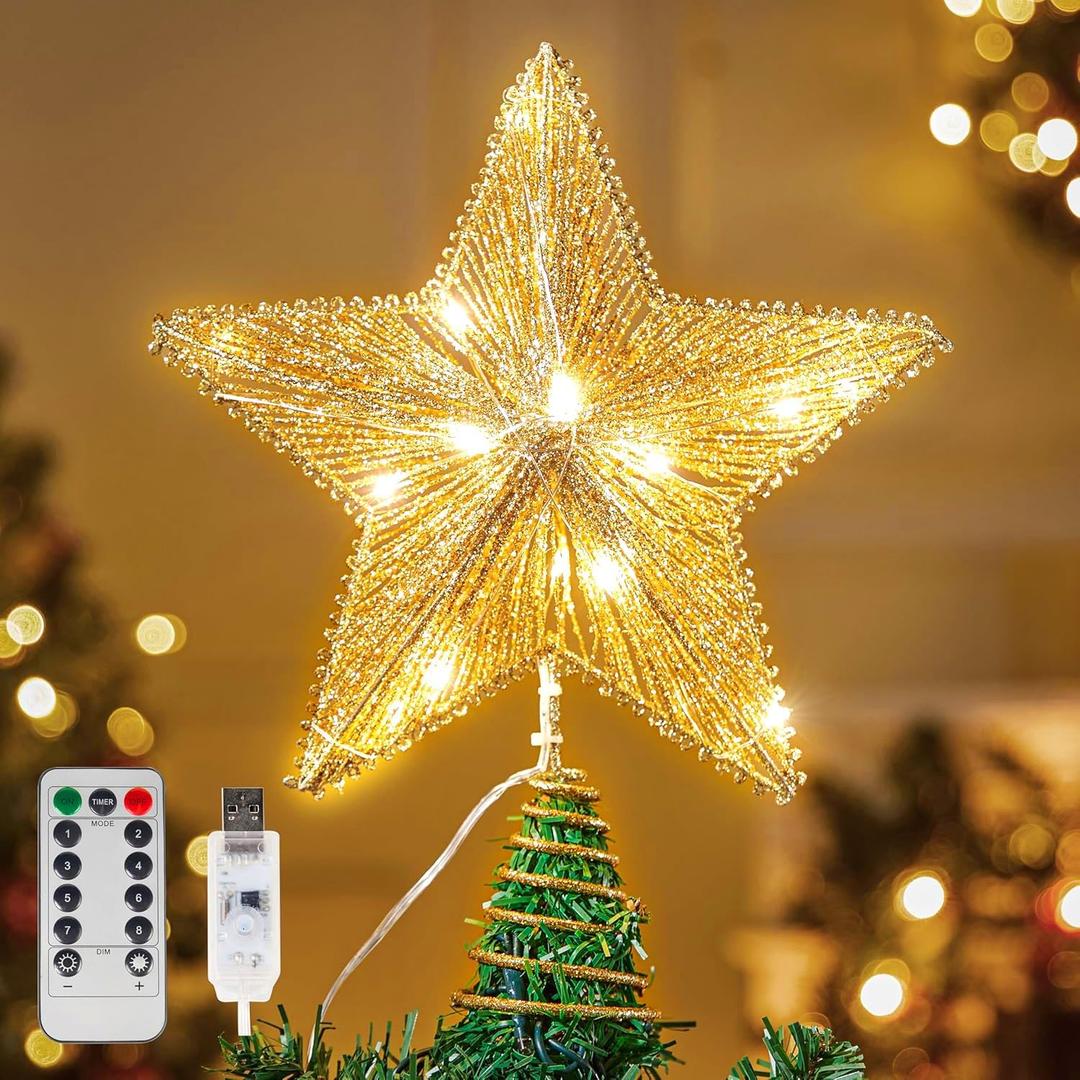 Joiedomi 9.5" Golden Christmas Star Tree Topper Radial Design, Metal Treetop Decorations with 20 LED Warm White, USB Powered Remote Control for Home Holiday Xmas Party Indoor Decor