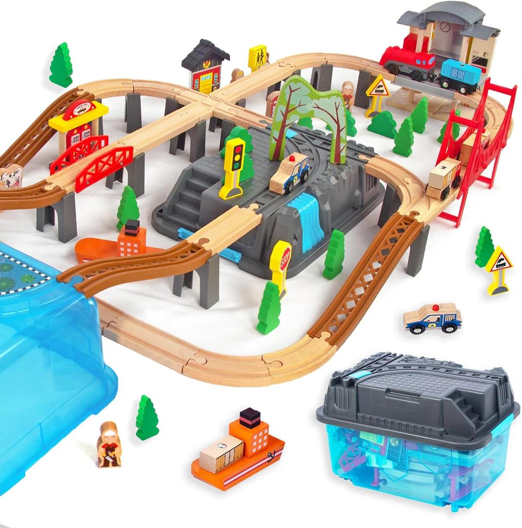 100Pcs Wooden Train Set for 3 Year Old Boys, Double-Side Train Set Tracks with Bridge Train Station & Storage Box, Fits Brio, Thomas, Melissa and Doug, Kids Gift Toys for Boy 3-7 (100pcs)