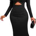 GORGLITTER Women's Wrap Ruched Drop Waist Dresses Fall Elegant Casual Long Sleeve Mock Neck Cut Out Cocktail Midi Dress Black Small