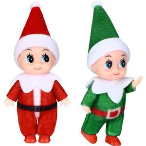 Aoriher 2 Pieces Christmas Doll Small Baby Twins in Bib Pants and Bodysuit Miniature Accessories Green and Red Boy and Girl Toy Suitable for Xmas New Year Decorations(Jumpsuits Style)