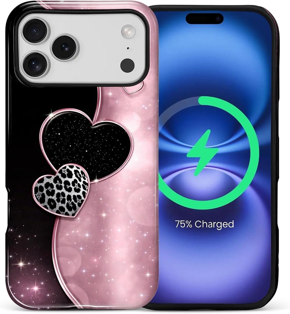 Case Compatible with iPhone 17 Pro Max [Compatible with MagSafe] Hybrid 2-Layer Hard Shell Protection Case, Shockproof Protective Magnetic Cover for 17 Pro Max, Pink Glittering Star Heart