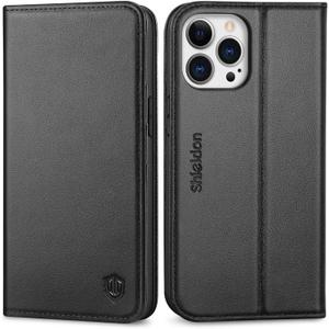 SHIELDON Case for iPhone 13 Pro 5G, Genuine Leather Wallet Case RFID Blocking Credit Card Holder Folio Magnetic Kickstand Shockproof Cover Compatible with iPhone 13 Pro 5G 6.1" - Black