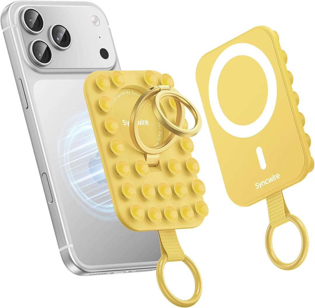 Syncwire Magnetic Phone Grip for MagSafe, Magsafe Suction Phone Grip with Silicone Cup, Dual Ring Phone Holder for Mirror Selfie & Video Recording, Removable Hands-Free, 2.68 x 3.66, Sunshine Yellow