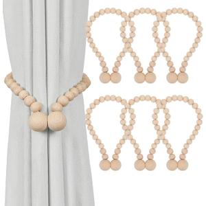 KLOGTSIND Magnetic Curtain Tiebacks, Curtain Tie Backs for Curtains 6 Pack, Wood Bead Curtain Tiebacks, Curtain Holders for Boho Bedroom Decor, Baby Nursery Decor, Farmhouse Dcor