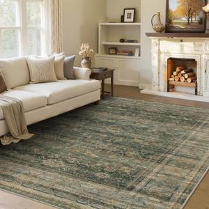 HelloTree Washable Rugs 6x9 Area Rug for Living Room, Vintage Boho Green Rug Non Slip Carpet Retro Accent Indoor Mat Print Distressed Low Pile Throw Large Rug for Office Bedside-Green