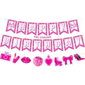 Ufocusmi Pre-Strung Pink Birthday Decorations, NO DIY Happy Birthday Banner Let’s Go Party Hot Pink Themed Party Supplies for Girls