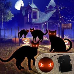 Pack of 3 Halloween Yard Signs with Lights, 4 PCS Black Cats Outdoor Decorations, Trick or Treat Yard with Stakes, Corrugate Waterproof Halloween Thickened Themed Lawn Decorating for Pathway, Garden, Outside