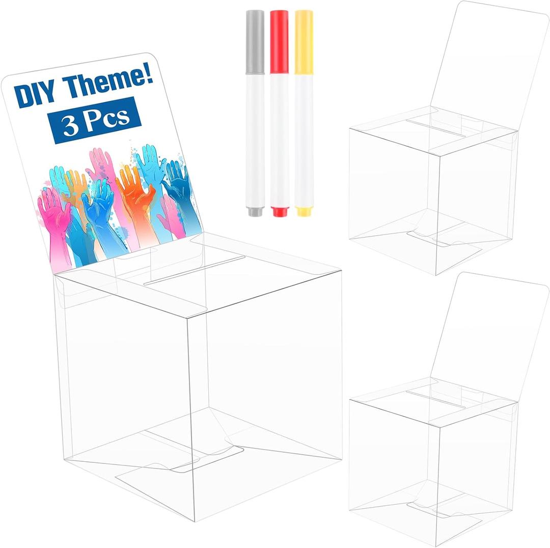 Bouiexye 3 Pack Raffle Boxes with Slot Ballot Box, Raffle Box Suggestion Boxes Donation Box for Fundraising Collecting Card Tickets and Voting Contest with Erasable Color Pens(Clear)