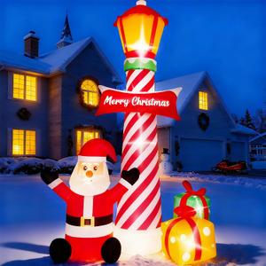 8Ft Christmas Decorations Outdoor Inflatables Giant Santa Claus Stands Under The Lighthouse with Gift Box, Blow Up Built-in LED Lights for Party Outdoor Garden Indoor Yard Lawn
