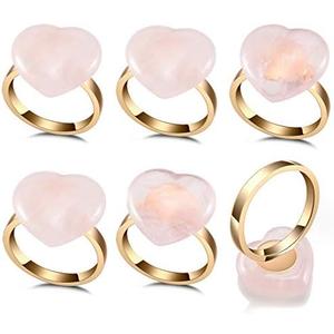 Yoption Set of 6 Heart- Shaped Rose Quartz Napkin Rings, Natural Crystal Stone Napkin Ring Holders for Wedding Valentine's Day Parties Table Decoration
