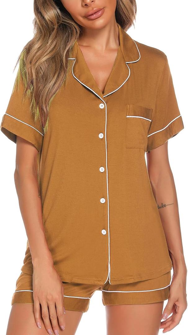 Aamikast Button Up Pajama Set for Women Shorts Short Sleeve Knit Sleepwear 2 Pice Pjs Sets (S)