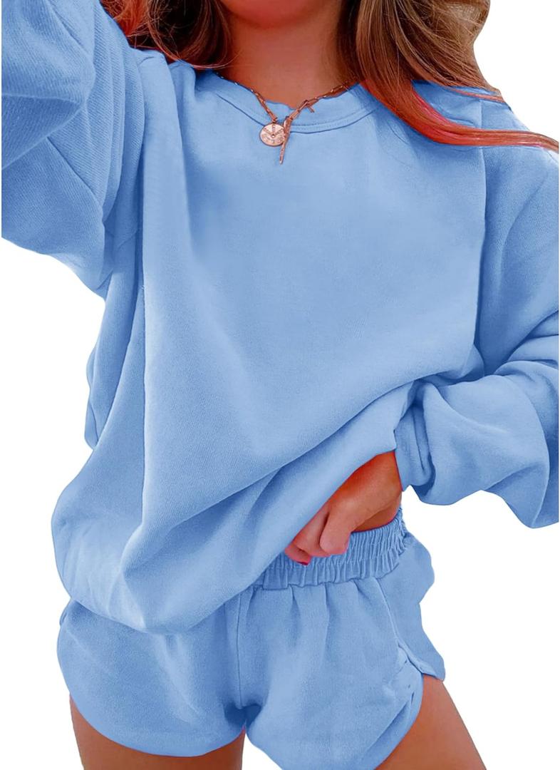 SELINK Women 2 Piece Outfits Sweatsuit Casual Long Sleeve Pullover and Shorts Sets Travel Tracksuit (Large, Blue)