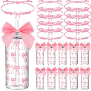 Yungyan Pink 36 Pcs Bow Plastic Cups with Lids and Straws Coquette Bow Bracelets Clear Reusable Soda Bar Party Drinking Cups for Wedding Baby Shower Birthday Party Supplies