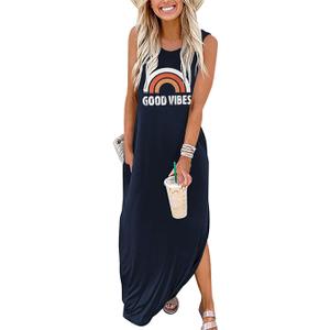 Womens Good Vibes Rainbow Sleeveless Funny Grapic Maxi Dress Summer Casual Letter Tank Dresses with Pockets Wine red s