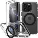 Clear Case for iPhone 16 Pro Case with Stand & 2X Screen Protector [ Compatible with MagSafe ], Military Grade Drop Protection Magnetic Phone Cover with Ring for Women Men, Black
