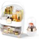 Makeup Organizer with 360 Rotating Brush Holder, Large Skincare Organizer for Vanity, Dustproof Cosmetic Display Case with 2 Drawers for Bathroom Countertop, 16" Tall Portable Beauty Storage,Gold
