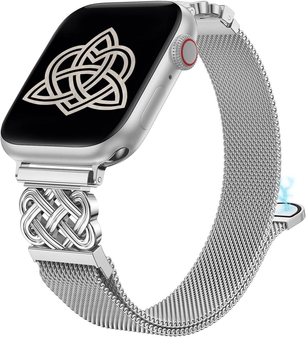 Stainless Steel Magnetic Loop Compatible with Apple Watch Band 41/40/38/49/46/45/44/42mm Women Metal Mesh Celtic Knot Dressy Strap for iWatch SE Series 10/9/8/7/6/5/4/3/2/1/Ultra(1/2) (Silver)