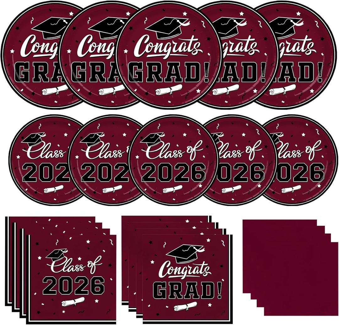 Gatherfun Graduation decorations 2026 Graduation Party Supplies Maroon Disposable Paper Plates Luncheon Napkins Cocktail Napkins for Congrats Grad Party Decorations, Serve 50