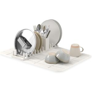 Umbra UDry Dish Drying Rack with Mat – Kitchen Countertop Dish Drainer & Absorbent Microfiber Drying Mat, Foldable Dish Rack Organizer for Plates, Cups & Utensils, Sand