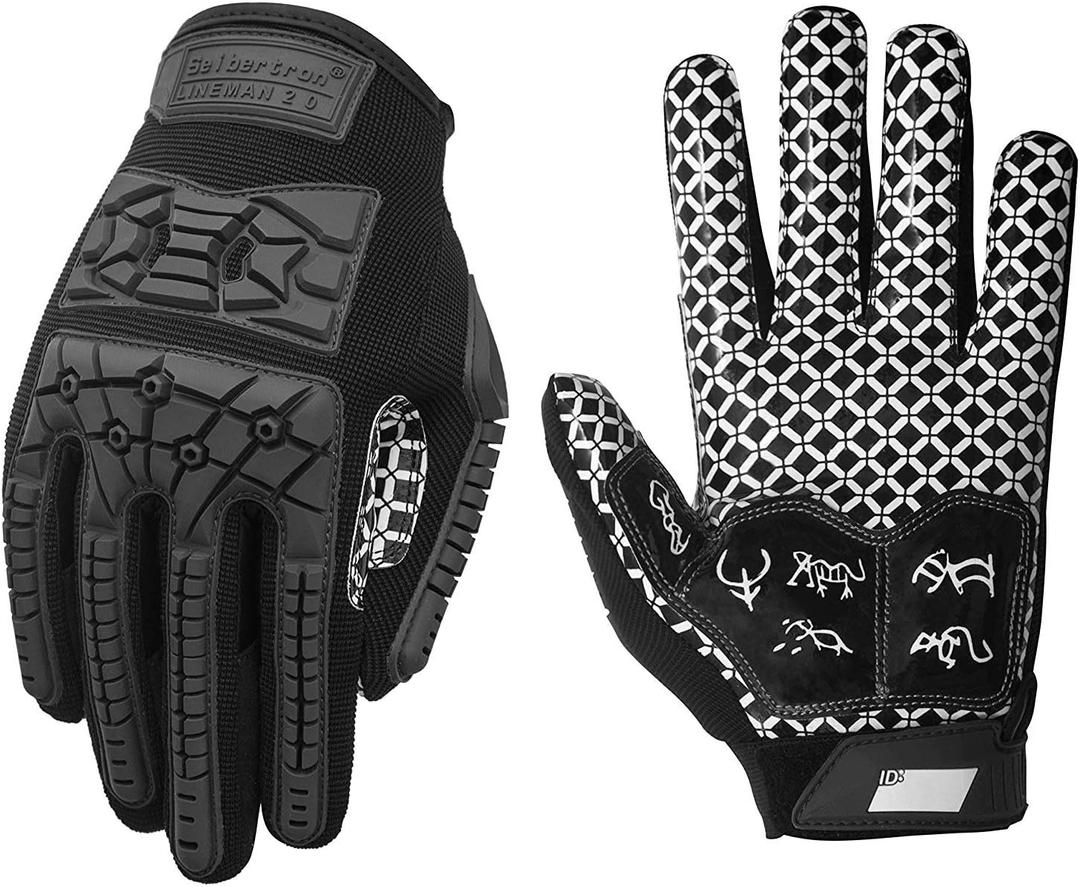 Seibertron Lineman 2.0 Padded Palm Football Receiver Full Finger Gloves, Flexible TPR Impact Protection Back of Hand Glove, Small 