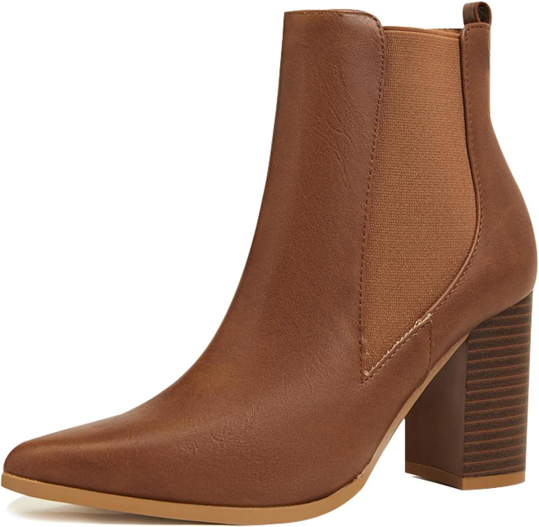 Chelsea Ankle Boots for Women Chunky Block Heel Booties Pointed Toe Stack Heel Brown Black Boots Dress Shoes Elastic Gore Slip On Comfortable Chelsea Boots (Brown, XL)