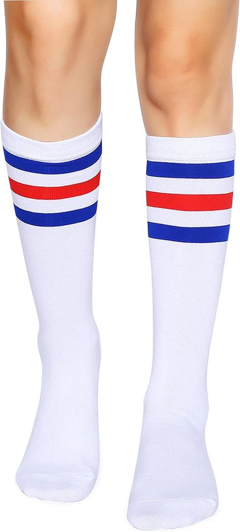 Henwarry Over the Calf Tube Socks Classic Triple Stripes Cotton Retro Athletic Socks for Men and Women (One Size, A01-blue/Red/White)