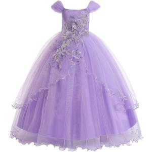 Weileenice Vintage Off the Shoulder Flower Girl Dress Lace Embroidery Little/Big Girls Wedding Bridesmaid Holiday Ballgown (11-12 Years, Lavender)