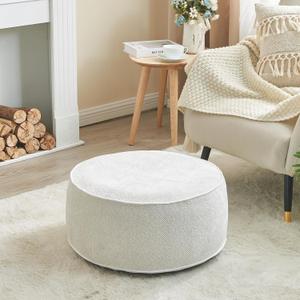 Inflatable Pouf Ottoman, 21x10 Inches Stuffed Chenille Ottoman with Inflatable PVC Liner, Foot Rest with Portable Handle, Round Floor Pillow for Living Room, Bedroom, Kids Room (White)