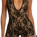 VOIKERDR Sexy Romper for Women Sheer Lace Halter Bodycon Short Jumpsuit Night Club Outfits (Large, Black)