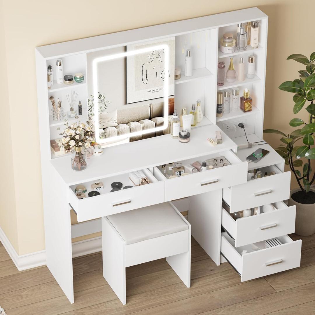 Fameill Vanity Desk with Mirror and Lights, Makeup Vanity with 5 Drawers, Makeup Desk with Charging Station and Ample Storage, Dressing Table with Chair for Bedroom Room (White)