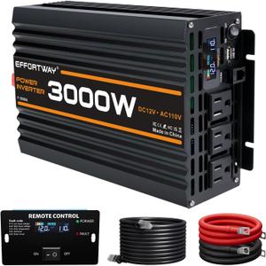 3000W Power Inverter, 12V DC to 110V/120V Modified Sine Wave Inverter with 3 AC Outlets, USB Port, Wired Remote Controller, Car Power Inverter for RV, Truck, Boat, Camping, Off-Grid