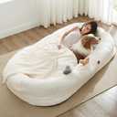 Human Dog Bed for Adult - Luxury Faux Fur Giant Size Dog Bed with Portable Handle, Egg Orthopedic Foam Bed with Blanket, 72"x40"x10", Ivory White