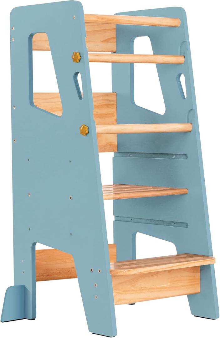 Toddler Standing Tower - Adjustable Height Toddler Kitchen Stool Helper - Ideal Kids Kitchen Step Stool for Learning New Skills - Updated Design with Safety Feet - Blue
