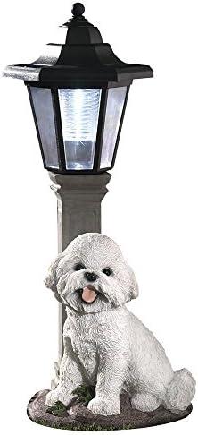 Bits and Pieces - Solar Dog Lantern-Solar Powered Garden Lantern - Resin Dog Sculpture with LED Light (Bichon) - 13.5" Tall