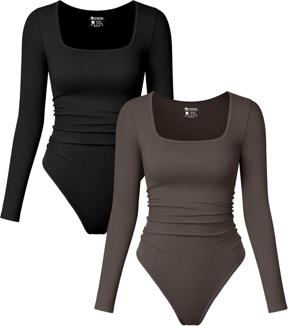 OQQ Womens 2 Piece Bodysuits Long Sleeve Square Neck Ruched Stretch Fitted Bodysuits (X-Large, Black,tea Leaf)