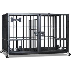 aboxoo 48/42 inch XL Dog Crate for Large Dog/Double Medium Dogs,Heavy Duty Metal Dog Cages,All Metal Open Top,Dog Kennel Indoor with Wheels,Floor Grid, Tray, Divider and Feeding Bowl