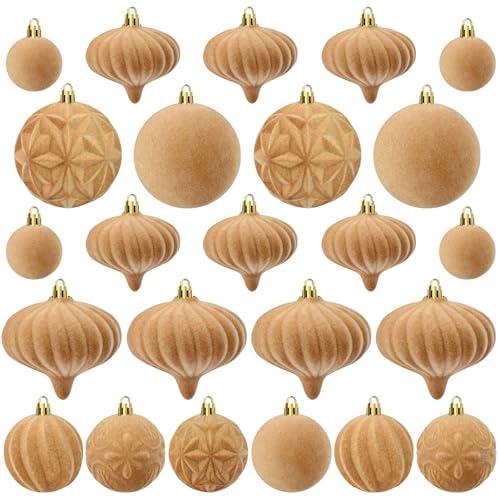 Lavwix 46 Pcs Christmas Flocked Ornaments for Tree Decorations - Velvet Ball Shatterproof Assorted Hangings for Xmas Winter Home Indoor Outdoor Decor Bulk (Khaki)